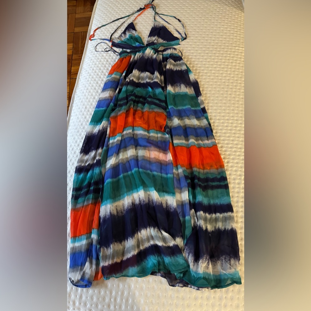 Miss Avenue Blue and Orange Pleated A-Liner Maxi dress With a 2 sides cut out